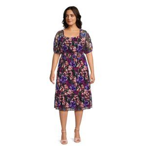 NWT Terra & Sky Women's Plus Size Smocked Mesh Floral Dress - 1X